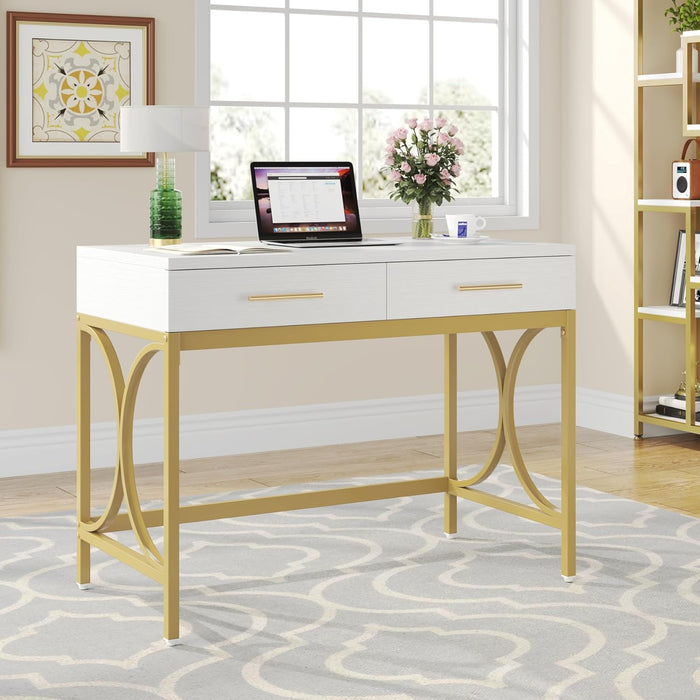 Modern Computer Desk with 2 Drawers Set of 2, 41 Inches Study Writing Office Desk for Home Office, Bedroom, Makeup Vanity Table Desk with Gold Metal Frame, White & Gold