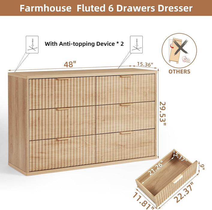 Fluted 6 Drawers Dresser for Bedroom, 48" Wide Modern Chest of Drawers with Metal Handle, Natural Curved Profile Farmhouse Closet Organizer Wood Dressers TV Stand for Living Room, Hallway
