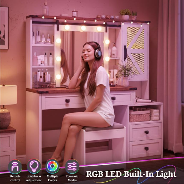 Farmhouse Makeup Vanity Desk with Sliding HD Mirror and Lights, White Vanity Table with 4 Drawers & RGB Cabinets, Jewelry Organizer, Farmhouse Style for Bedroom, Antique White