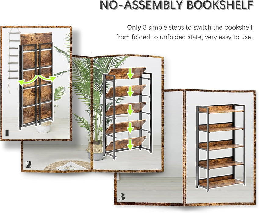 No Assembly Folding Bookshelf Book Shelves, 5-Tier 48"" H Collapsible Foldable Bookcase Storage Industrial Shelf for Living Room Bedroom Office