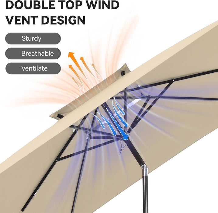 6.6 X 10 Ft Rectangular Patio Umbrella, Outdoor Market Table Umbrella with Push Button Tilt and Crank, Double-Tier Vent, 6 Ribs, Rectangle Patio Umbrella for Backyard, Deck, Pool, Fits 4–6 Chairs and Tables (Beige)
