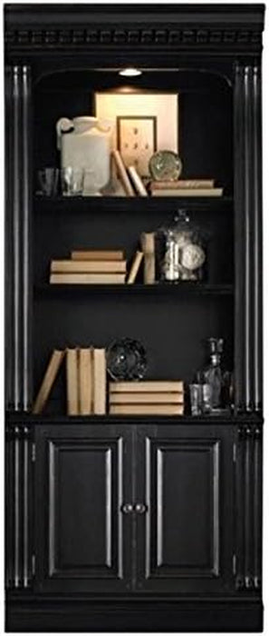 Traditional 3 Shelf Bookcase with One Canister Light Controlled in Black with Reddish Brown Rub Though
