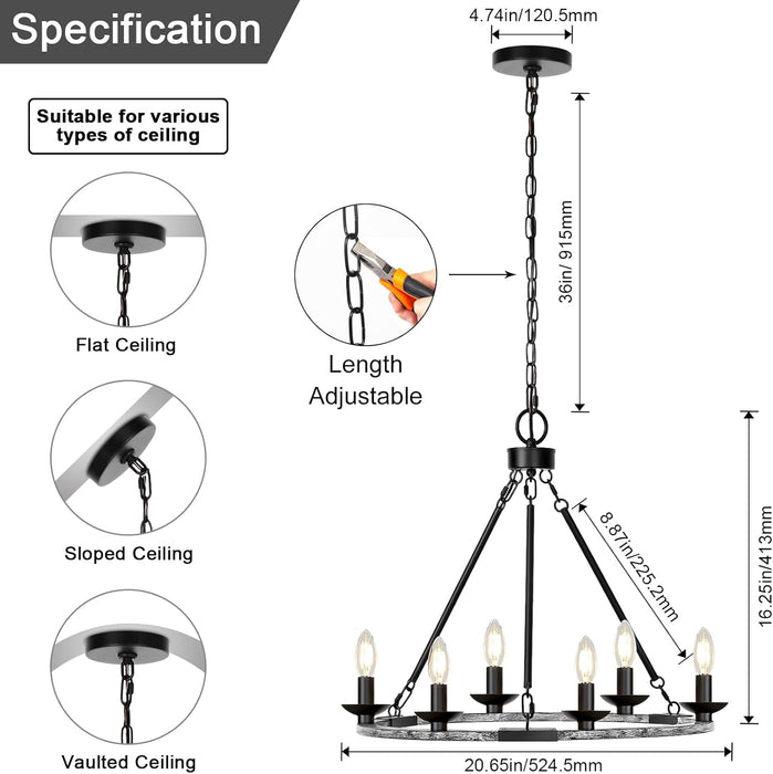 Farmhouse Chandelier, 6-Light Wagon Wheel Chandelier with Adjustable Height, Dining Room Light Fixture, Hanging Lights for Kitchen Island, Living Room, Bedroom, Entryway, E12 Base