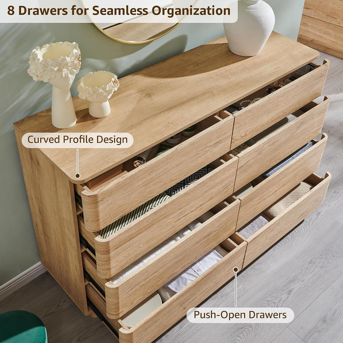 8 Drawer Dresser for Bedroom, 52 Inch Wide Modern Chest of Drawers, Push-To-Open Wood Storgae Organizer with Large Drawers for Bedroom, Living Room, Hallway,Natural Oak