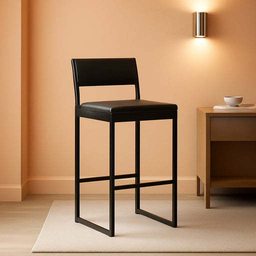 Bar Stools, Set of 2 Bar Chairs with Backrest and Footrest, 26" PU Leather Counter Height Barstools, PU Cushioned Seat, Metal Frame, for Kitchen, Dining Room, Home Bar, Black BABK11R01