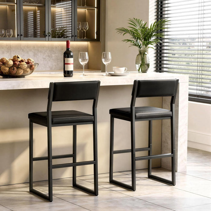 Bar Stools, Set of 2 Bar Chairs with Backrest and Footrest, 26" PU Leather Counter Height Barstools, PU Cushioned Seat, Metal Frame, for Kitchen, Dining Room, Home Bar, Black BABK11R01