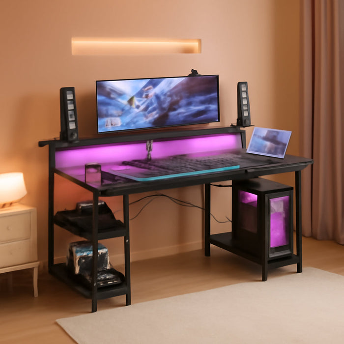 48 Inch Gaming Desk with LED Lights & Power Outlets, Computer Desk with Monitor Stand & Storage Sheves, CPU Stand, Home Office Desk, Black