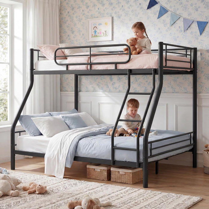 Twin over Full Bunk Bed Frame, Heavy Duty Metal Bunk Beds for Kids/Teens/Adults, 450 Lbs Upper & 500 Lbs Lower Capacity, Slot-Type Assembly, Reversible Ladder, 11.7" Safety Guardrails，Black