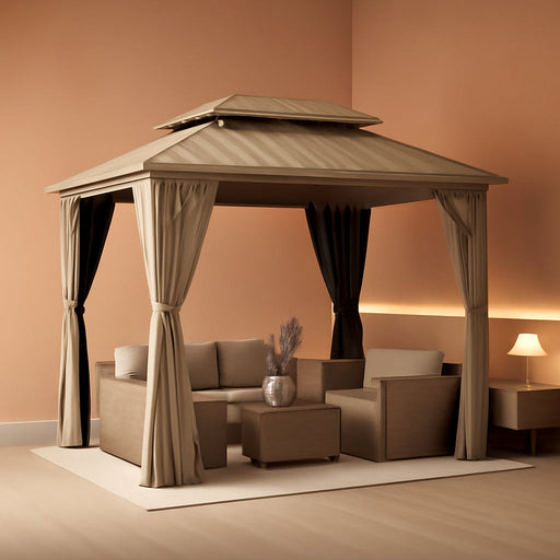 8' X 10' Hardtop Gazebo, Champagne Outdoor Aluminum Gazebo with Galvanized Steel Double Roof, Curtains and Netting for Patio Lawn and Garden