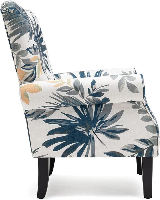 Modern Accent Chair,High Back Armchair,Upholstered Fabric Button Single Sofa with Wooden Legs for Living Room,Bedroom,Blue Leaves