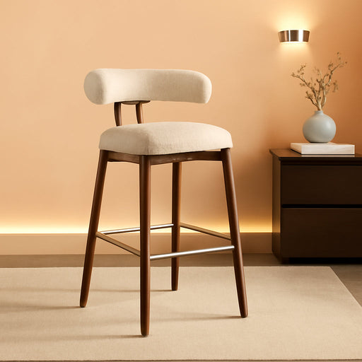 Counter Height Bar Stools, Solid Wood Barstools,30.5" Set of 3 | Curved Back & Metal Footrest,Premium Fabric Upholstered Mid Century Modern Bar-Chairs for Kitchen Island, Oatmeal
