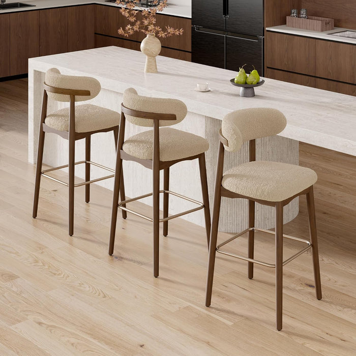 Counter Height Bar Stools, Solid Wood Barstools,30.5" Set of 3 | Curved Back & Metal Footrest,Premium Fabric Upholstered Mid Century Modern Bar-Chairs for Kitchen Island, Oatmeal