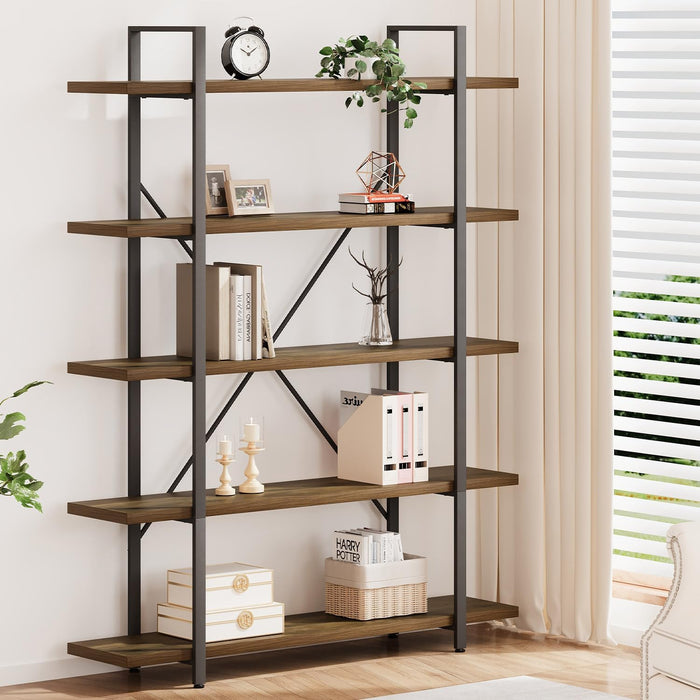Industrial Reinforced Five Tier Bookshelf Rustic Oak