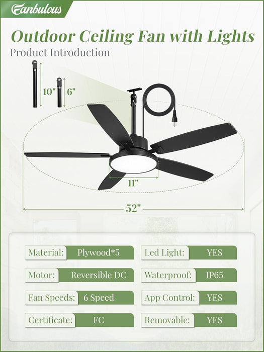 52'' Outdoor Ceiling Fans with Light and Remote,Ip65 Wet Rated Waterproof Ceiling Fan with 6-Speed DC Motor, Farmhouse Gazebo Fan for Porch Patios Pavilion(Black)