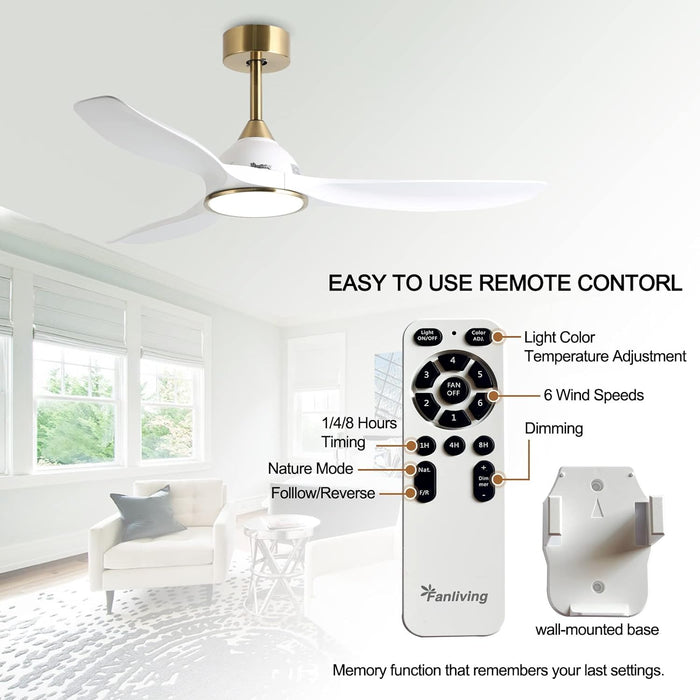 52 Inch 6 Speed High CFM Quiet DC Motor Modern Ceiling Fan with Lights Remote Control, 3 Blade White Gold Indoor Bedroom Living Room Ceiling Fan