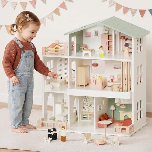 Wooden Dollhouse Playset With Eight Rooms Accessories