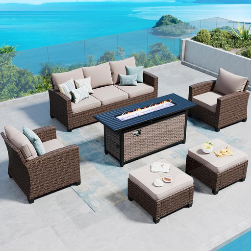 Patio Furniture Set Outdoor Furniture Brown Wicker Rattan Patio Conversation Sets with Cushion outside Sofa Set,6 Pieces with Rectangular Firepit Table,7 Seats,Beige