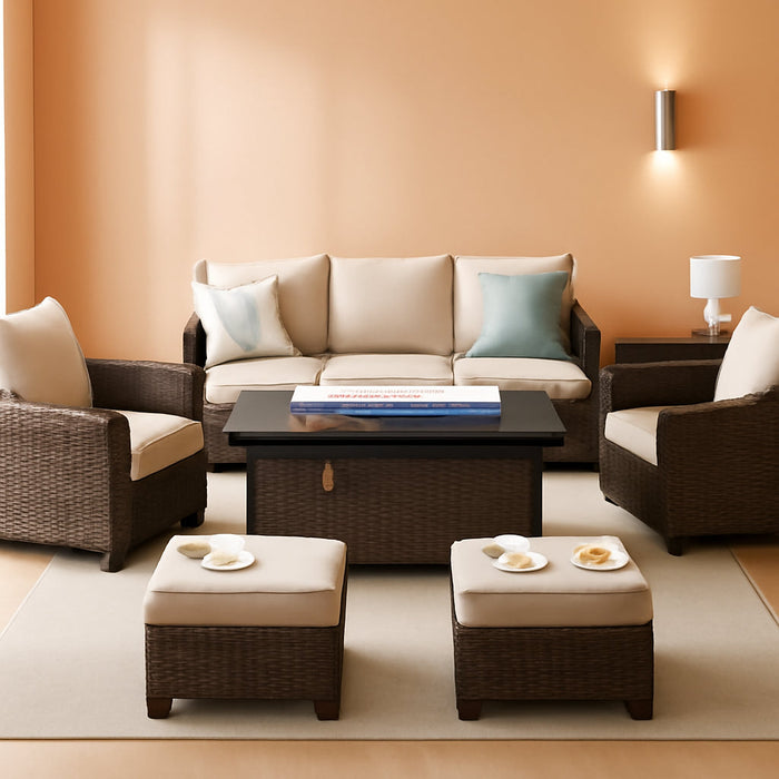 Patio Furniture Set Outdoor Furniture Brown Wicker Rattan Patio Conversation Sets with Cushion outside Sofa Set,6 Pieces with Rectangular Firepit Table,7 Seats,Beige