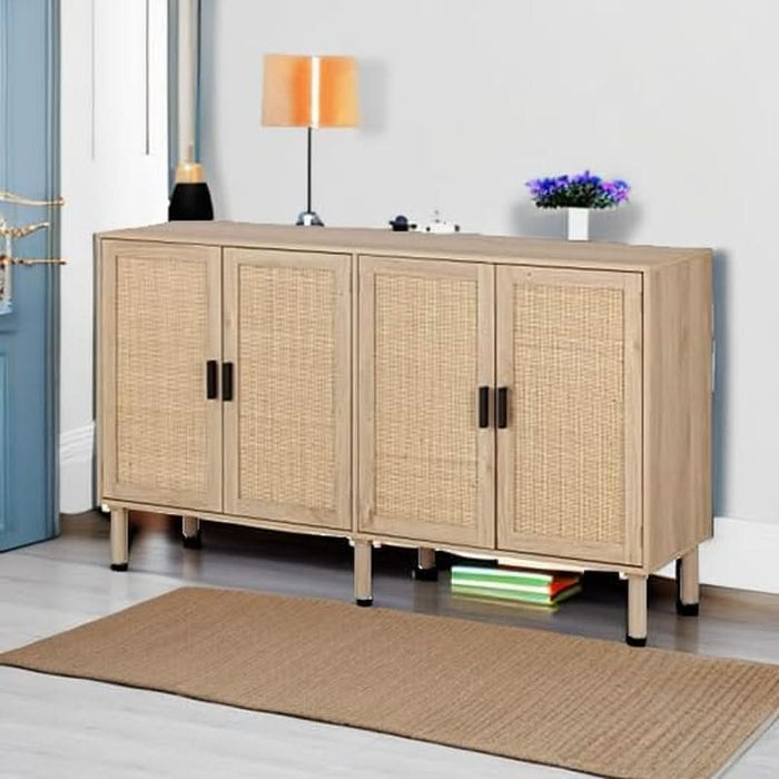 4 Door Sideboard Buffet Cabinet, Kitchen Storage Cabinet with Rattan Decorated Doors, Cupboard Console Table, Boho Accent Liquor Cabinet for Home Bar, 62.3X 15.7X 34.6 Inches, Natural