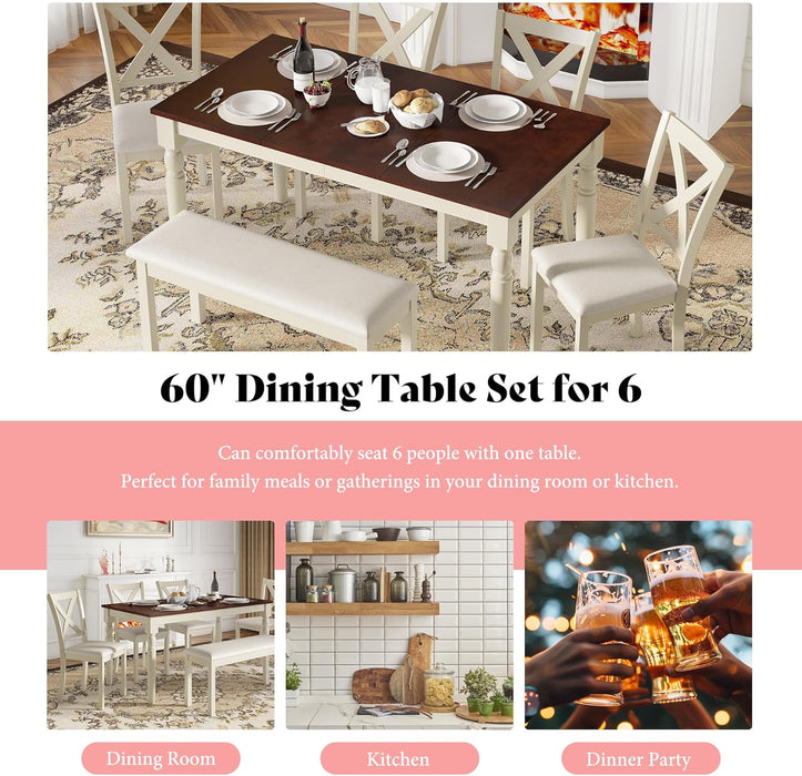 6-Piece Farmhouse Dining Table Set, 60” Solid Wood Table, 4 Upholstered Chairs and Bench, Rustic White and Walnut Finish, Seating for 6, for Kitchen or Dining Room