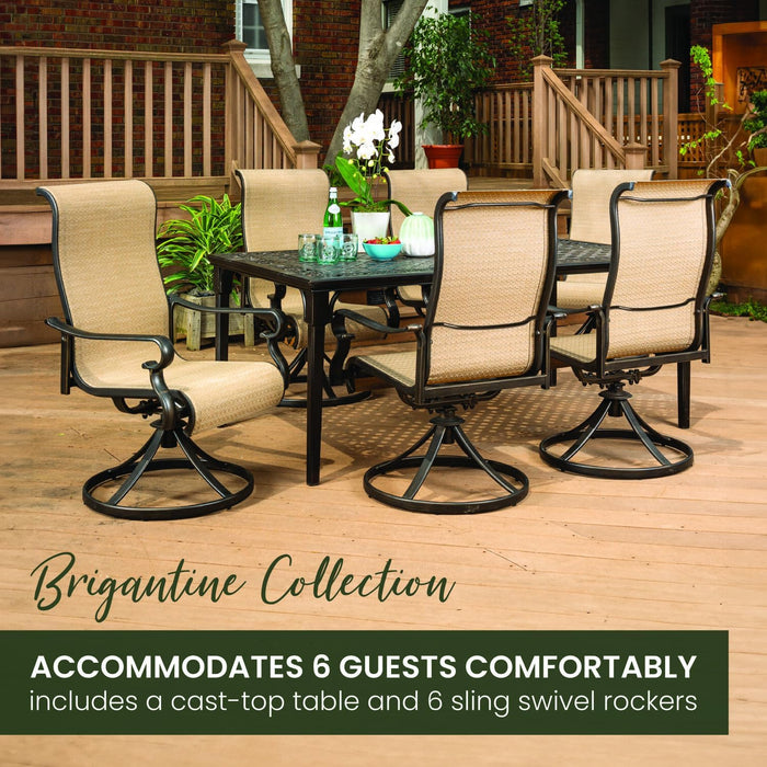 Brigantine 7-Piece Outdoor Dining Set, Weather-Resistant Patio Dining Set for 6 with Rectangular Table and Sling Swivel Rockers for Backyard, Patio, Deck, Porch, Pergola, Poolside