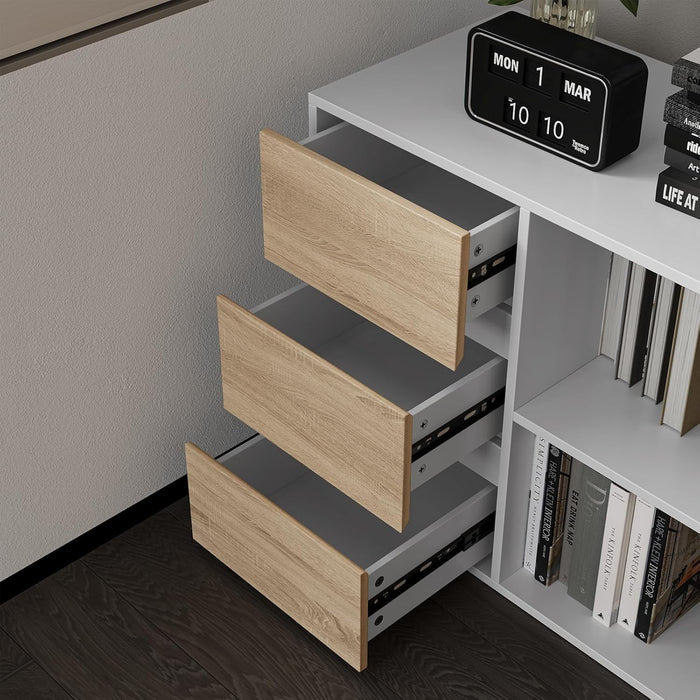 L Shape Computer Desk with 3 Drawers and 2 Shelves, Home Office Desk Corner Small Desk with Storage Cabinet for Writing Study Executive – Walnut and White