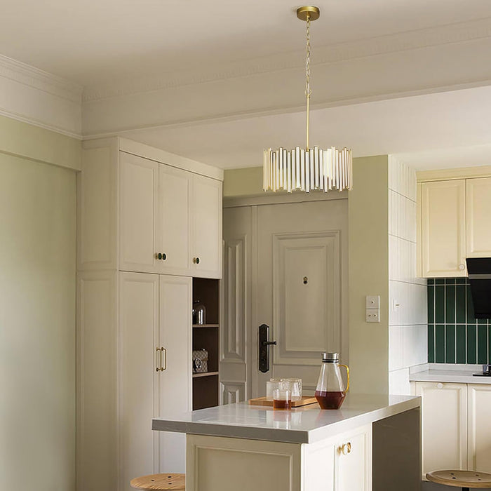 Gold Drum Chandelier 4-Light, Modern Drum Pendant Lighting Fixture with Tiffany Glass Shade, 16” round Ceiling Hanging Light for Bedroom Dining Room Kitchen Entryway Living Room (Gold)