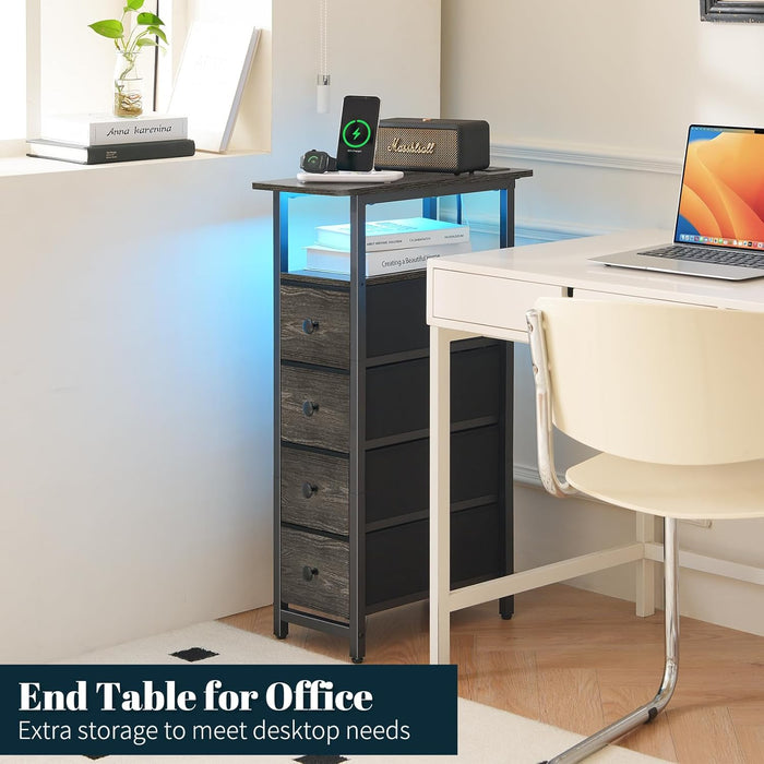 Narrow Dresser for Bedroom, LED Skinny Nightstand with Charging Station, Small Dresser Night Stand, Slim Tall Bedside Table Storage Cabinet, Narrow Side Table for Small Spaces