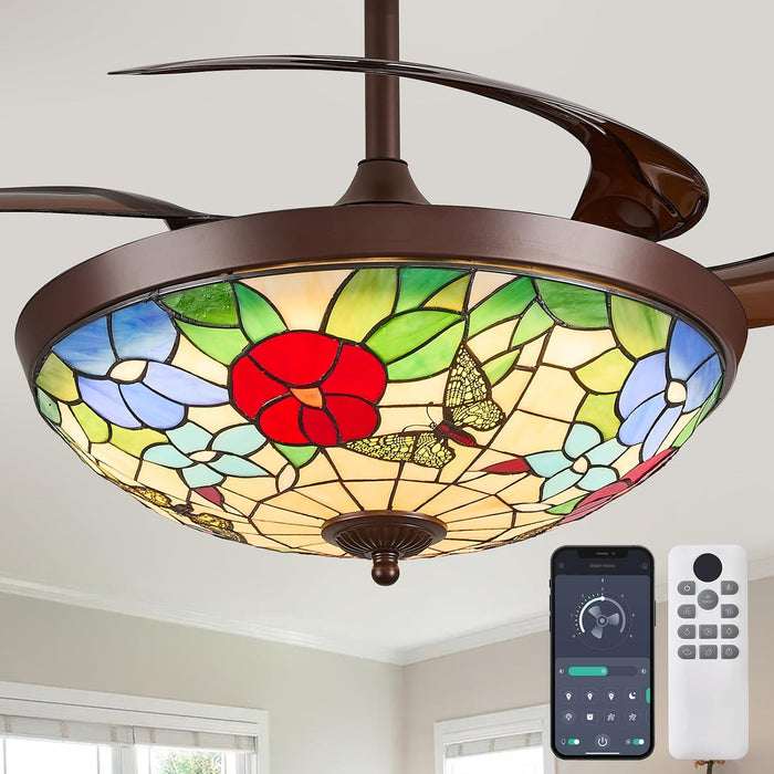 48" Tiffany Retractable Ceiling Fan with Light - (Garden, Brown)