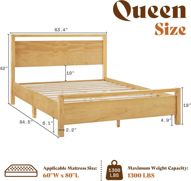 Queen Size Solid Wood Bed Frame with Headboard, Minimalist Platform Bed with Wood Slats Support/No Box Spring Needed/Easy Assembly/Noise-Free, Natural