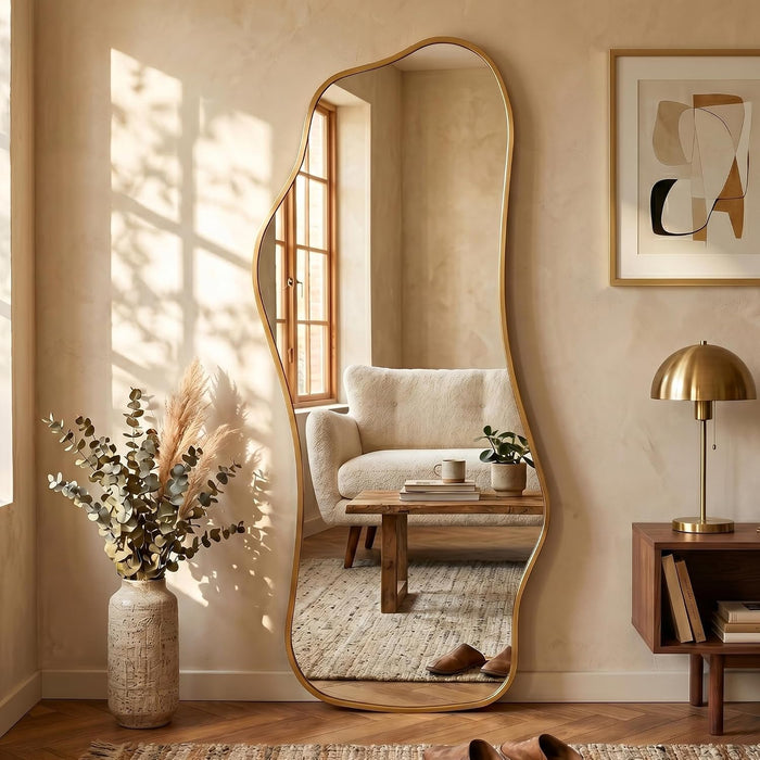 Irregular Full Length with Stand-Standing Leaning Hanging 62.2"X22.8" Gold Asymmetrical Aluminum Frame Decorative Full Body Mirror for Living Room,Bedroom,Cloakroom,Entryway