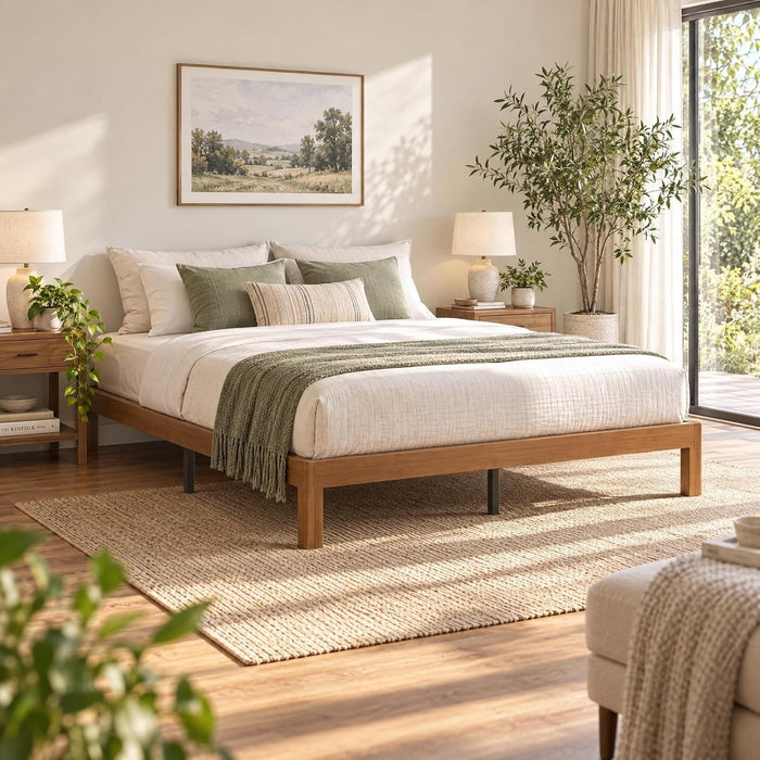 10 Inch Bamboo Full Bed Frame with Curved Leg, Warm Brown Color