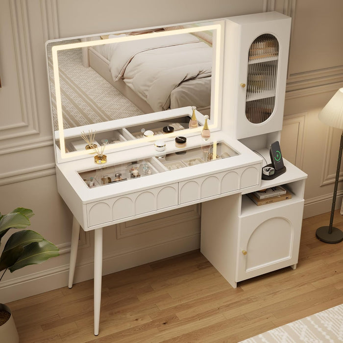 Vanity Desk with Mirror and Lights, 48'' Makeup Vanity with Arch Groove, Fluted Modern Vanity with Glass Top & Storage Cabinet, 3 Lighting Modes Adjustable Brightness for Bedroom, White