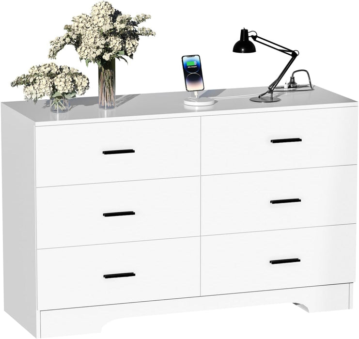 White 6-Drawer Dresser with Power Outlets