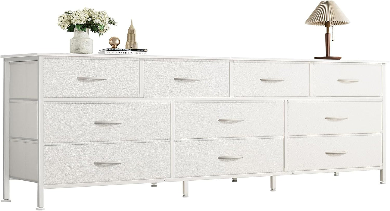 63 Inch Dresser for Bedroom, Long Dresser with 10 Fabric Drawers, TV Stand for 55, 65, 70 Inch TV, Toy Storage Organizer for Closet, White