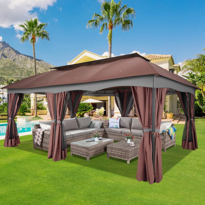 12X20 Heavy Duty Gazebo Outdoor Gazebo with Mosquito Netting and Curtains,Canopy Tent Deck Gazebo with Double-Arc Roof Ventiation and Metal Steel Frame Suitable for Lawn, Backyard, Patio,Brown