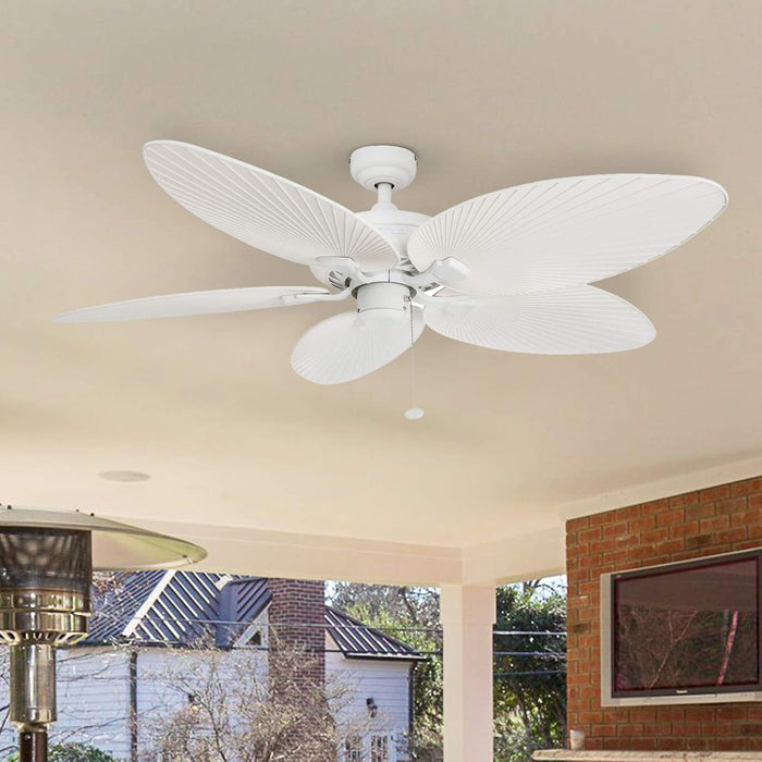 Ceiling Fans Palm Island Tropical 52 Inch Ceiling Fan, Outdoor Ceiling Fan with Pull Chain, Dual Mount 5 Palm Leaf Blade Design, ETL Wet Rated, White (50200-01)