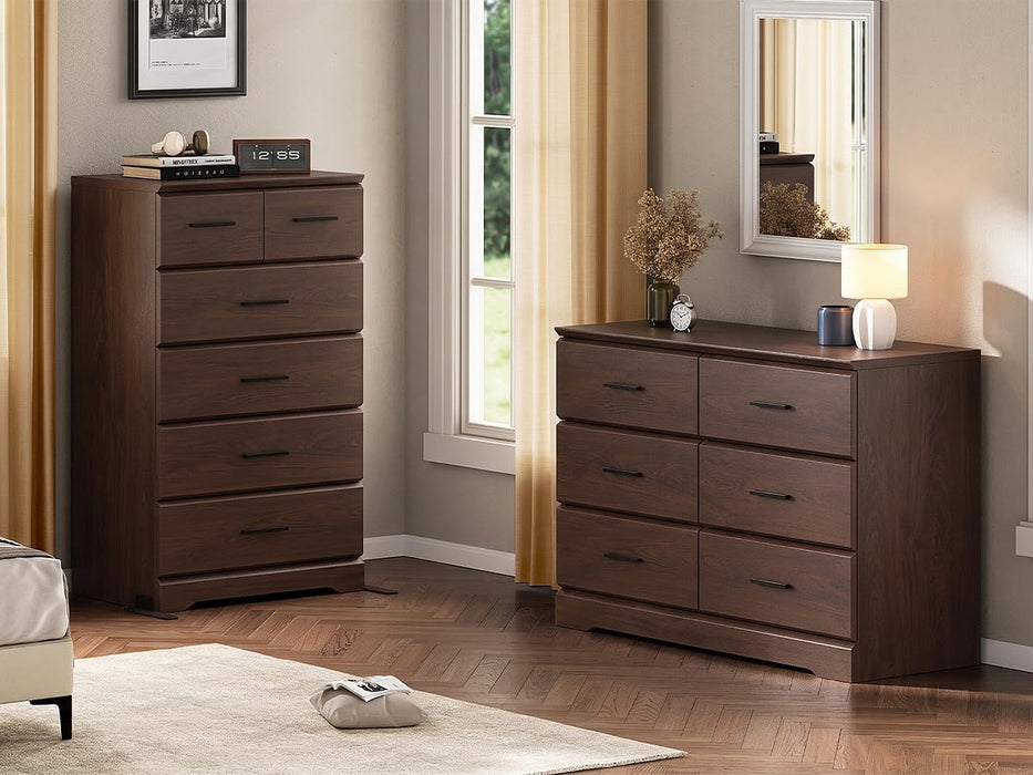 Brown 6 Drawer Dresser for Bedroom, Chest of Drawers with Silver Handle, Wood Storage Dresser with Deep Drawers for Bedroom, Living Room, Hallway Entryway (52.76 * 21.26 * 7.87 In)