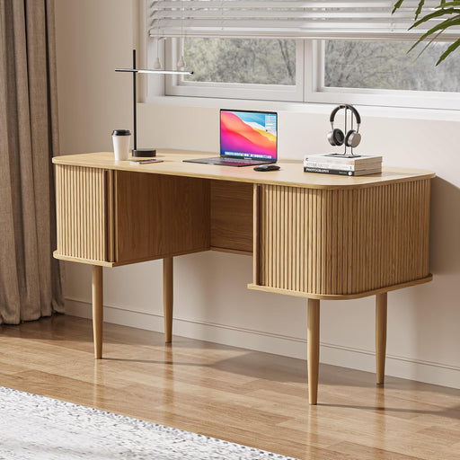 55" Modern Writing Desk with Storage, Wood Home Office Desk with Sliding Doors, Computer Desk for Home Office, Dorm, Living Room, Home Study Table, Natural