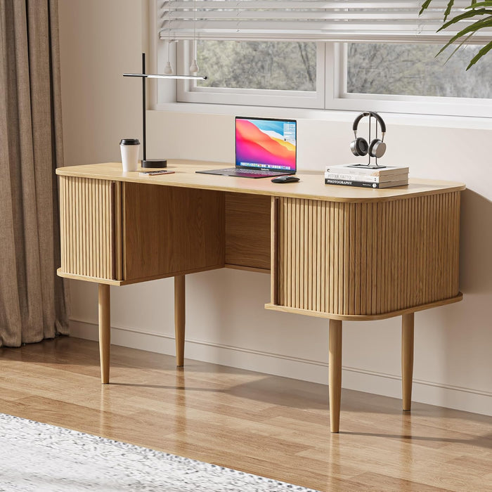 55" Modern Writing Desk with Storage, Wood Home Office Desk with Sliding Doors, Computer Desk for Home Office, Dorm, Living Room, Home Study Table, Natural