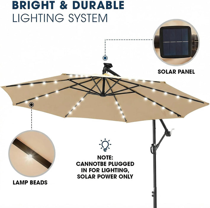 10Ft Solar LED Patio Umbrella with Base Included, Offset Umbrella with Weighted Sandbag Base, Cantilever Patio Umbrellas for Backyard, Garden & Deck, 32 LED Lights & Polyester Shade, Tan