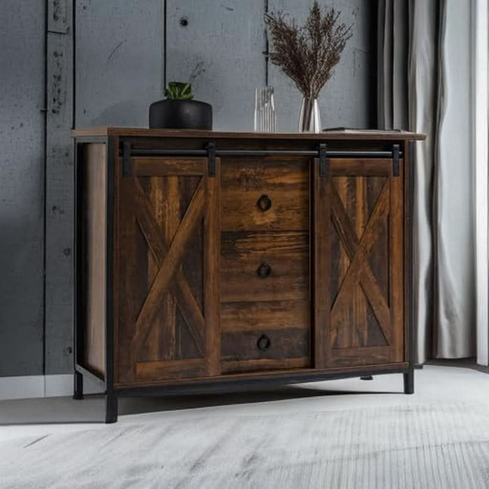 Industrial Farmhouse Buffet Cabinet, Kitchen Sideboard with Sliding Barn Doors, Three Drawers and Adjustable Shelves for Living Room, Rustic Brown