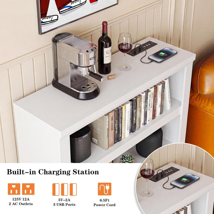3-Tier Bookshelf with 3 Outlets, 2 USB Ports and Adjustable Shelf | Wood Storage Bookcase, Sturdy 3-Shelf Decorative Display Rack, Versatile for Home Office, Living Room and Bedroom, White