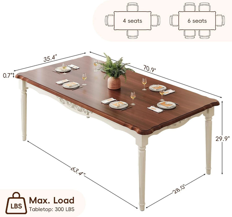 Elegantly Carved Dining Table,70.9" Solid Wood Kitchen Table for 6,Farmhouse Rectangle Table for 6 Persons,Carved Apron,Easy to Clean,Painted Finish,Fit Dining Room,Waterproof,Wn&Wt
