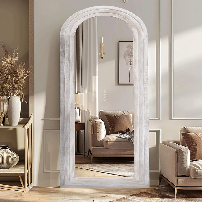 Arched Full Length Mirror with Solid Wood Frame, 71X32 Farmhouse Wall Mirror Full Length with Stand, Vertical Hanging, Leaning Standing for Bedroom, Living Room, Rustic White