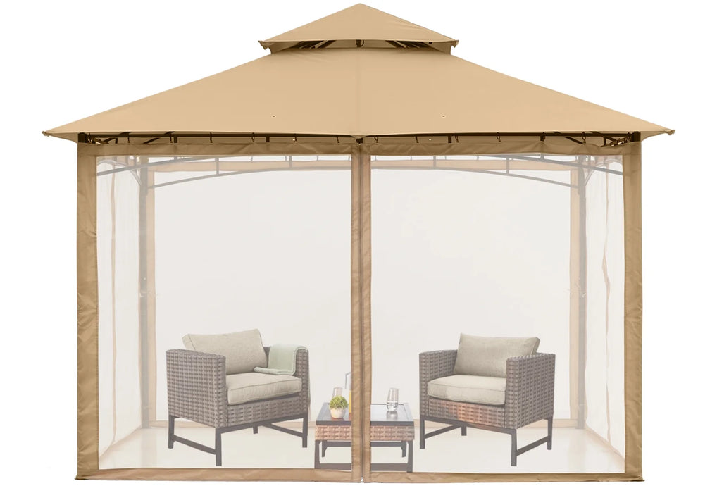 9' X 9' Outdoor Patio Gazebo Double Roof Steel Frame with Mesh Walls, Beige