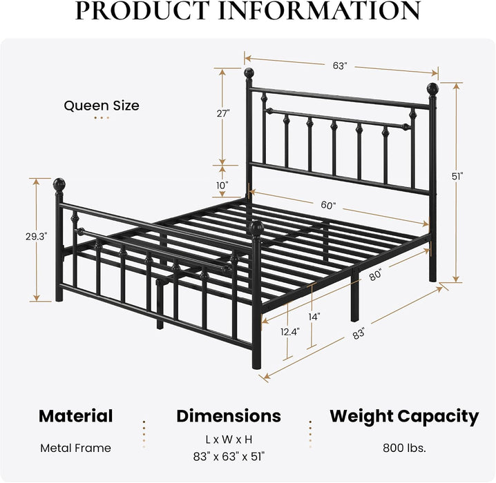14" Queen Size Metal Platform Bed Frame/Victorian Headboard and Footboard/Steel Slats Mattress Foundation for Storage/No Box Spring Needed/Noise Free/Black