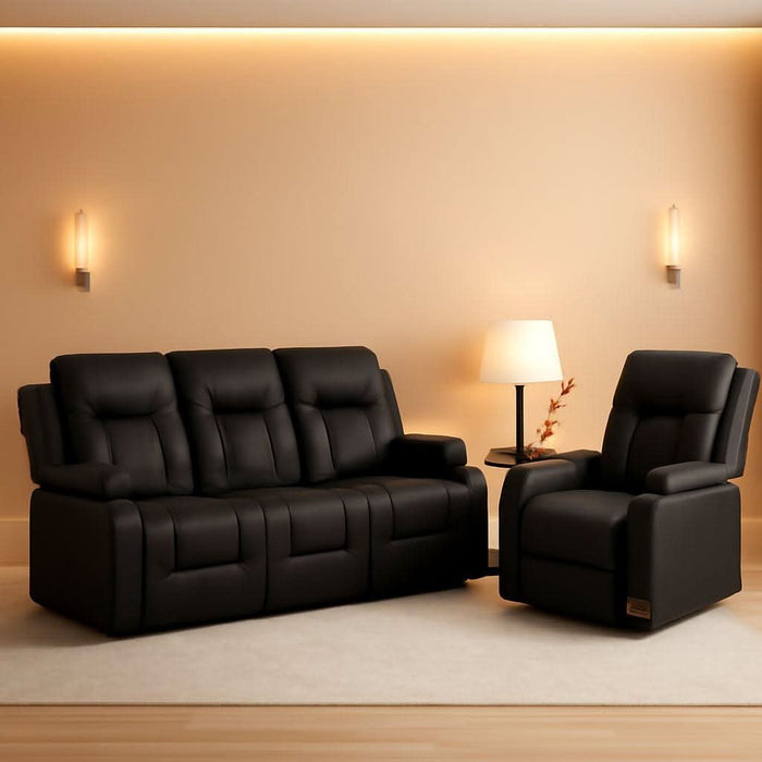 Leather Recliner Sofa Set with Manual Recliners,Living Room Furniture Set with Reclining Couch,Loveseat and Armchair,Living Room Chair with Cup Holders,Black (3+1)