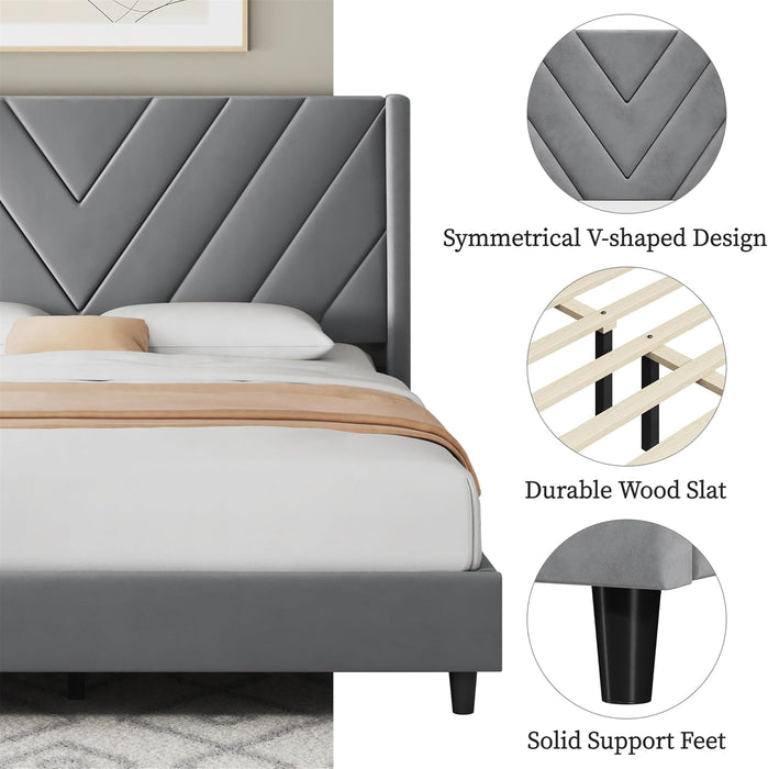 Queen Bed Frame with Chevron Channel-Tufted Headboard, Light Grey