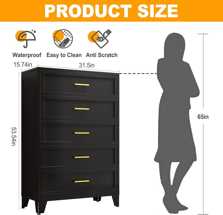 Metal Dresser Black Tall Dresser for Bedroom, 53.54" H 5 Drawers Dresser, Closet Dressers & Chests of Drawers for Hallway